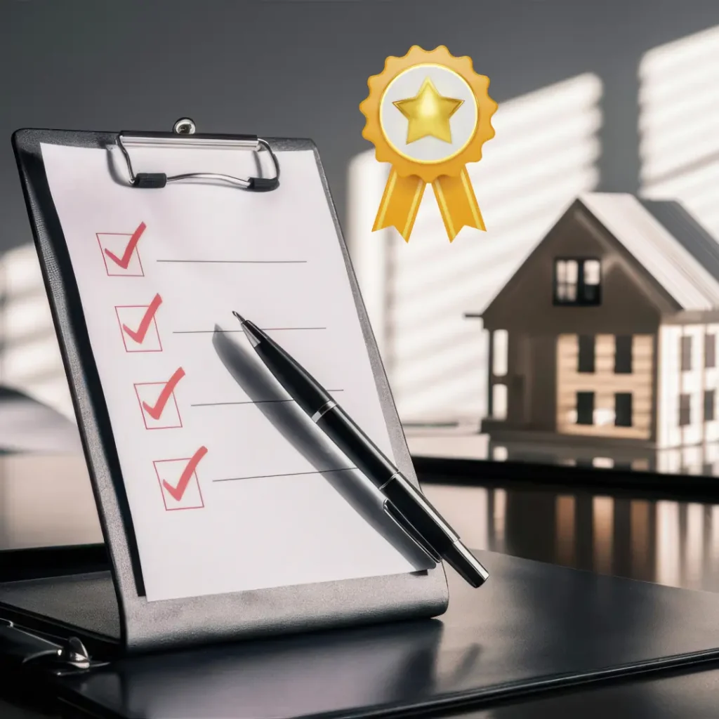 Clipboard with a checklist and pen beside a small house model and award ribbon, representing roofing warranties and quality assurance.