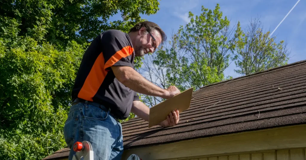 Roofing Contractor on a ladder next to a roof writing an estimate on a clipboard.